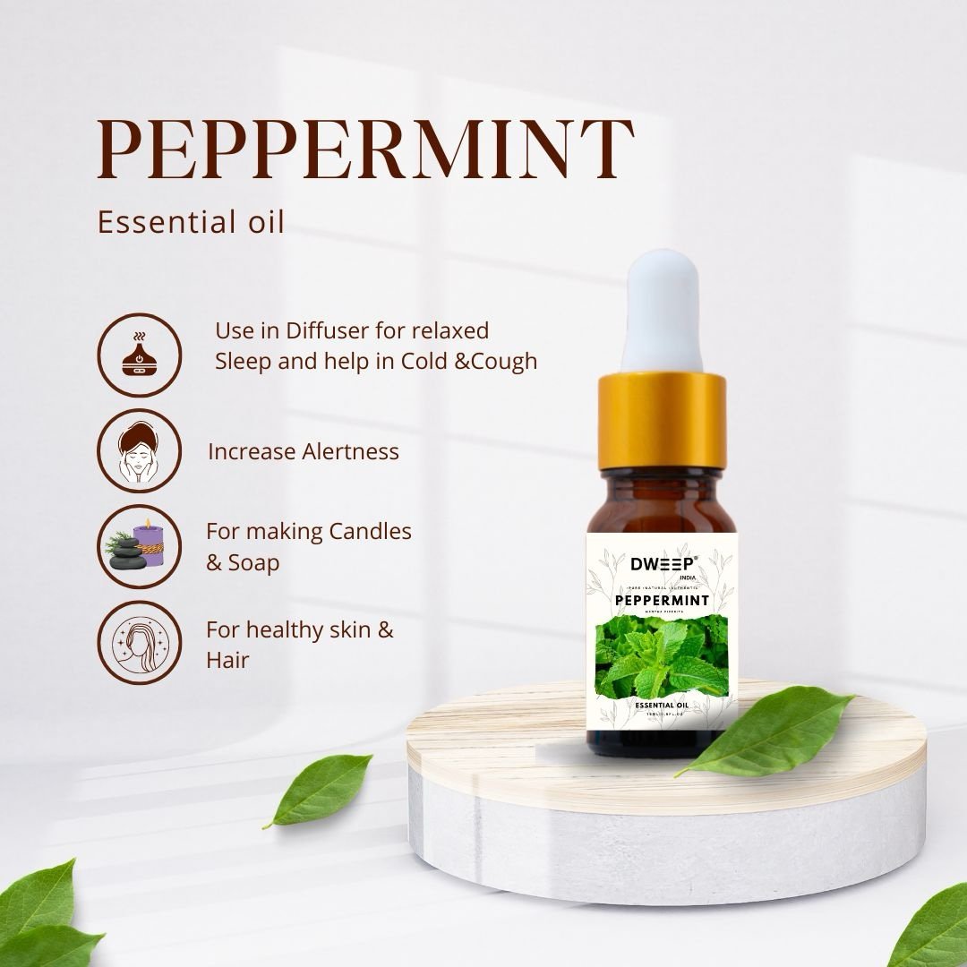Dweep India Peppermint Essential Oil for Skin & Hair Growth, Hair Fall Control, Scalp |100% Pure & Natural Therapeutic Grade, Undiluted, | Mentha Piperita |15ml