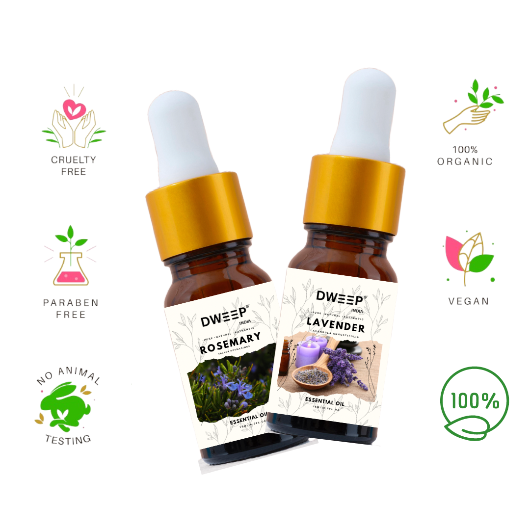 Dweep India Rosemary & Lavender Essential Oil for Diffuser, Skin & Hair - 100% Pure for Relaxation & Nourishment & DIY - 15ml x2 (30ml)