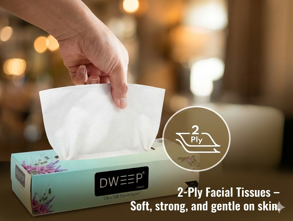 Dweep 2-ply facial tissues with a hand pulling out a tissue, set against a blurred indoor background.