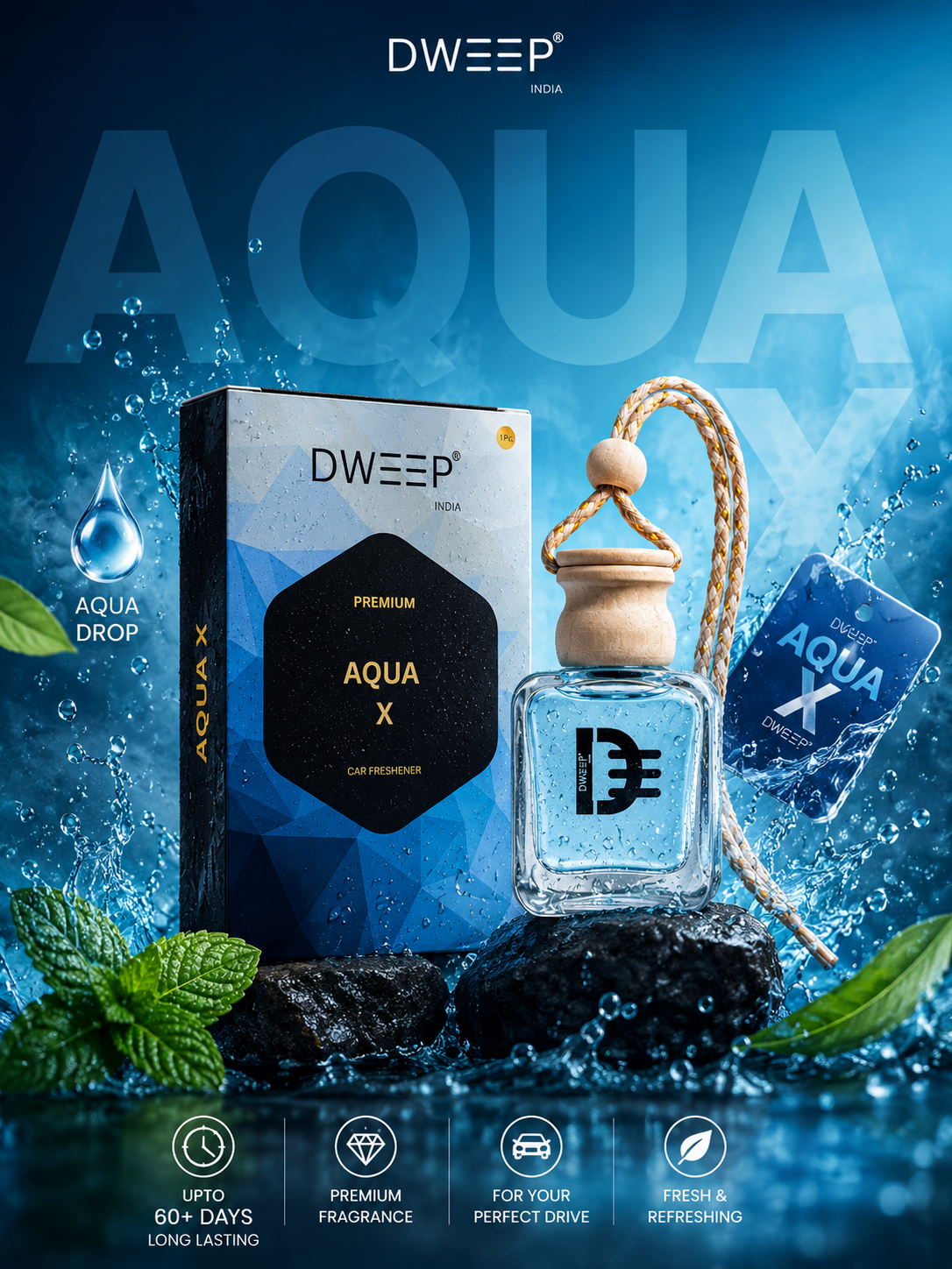 Dweep India Premium Series Car Perfume- Aqua X | 0% Alcohol | Long-Lasting | Aroma Essential Oils in Glass Bottle with Wooden Diffuser Lid