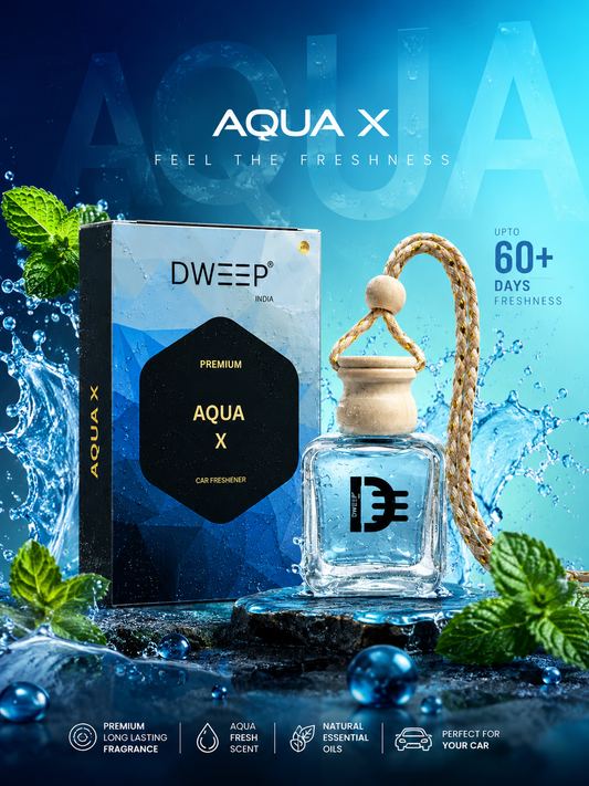 Dweep India Premium Series Car Perfume- Aqua X | 0% Alcohol | Long-Lasting | Aroma Essential Oils in Glass Bottle with Wooden Diffuser Lid
