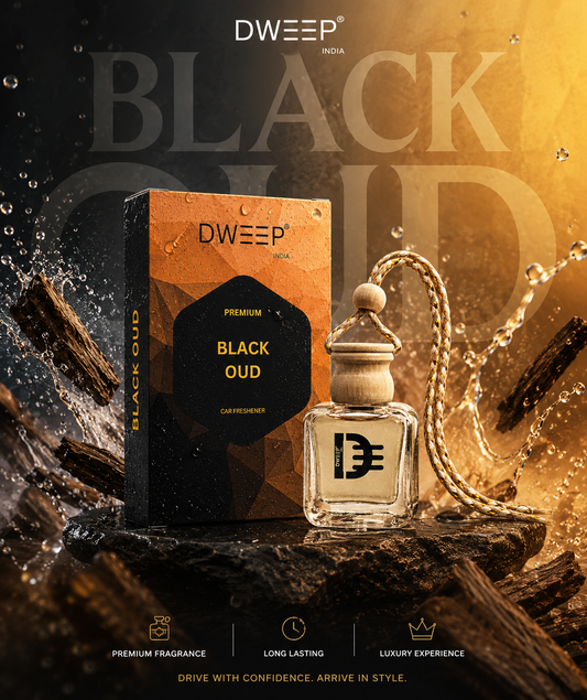 Dweep India Premium Series Car Perfume- Black Oud | 0% Alcohol | Long-Lasting | Aroma Essential Oils in Glass Bottle with Wooden Diffuser Lid