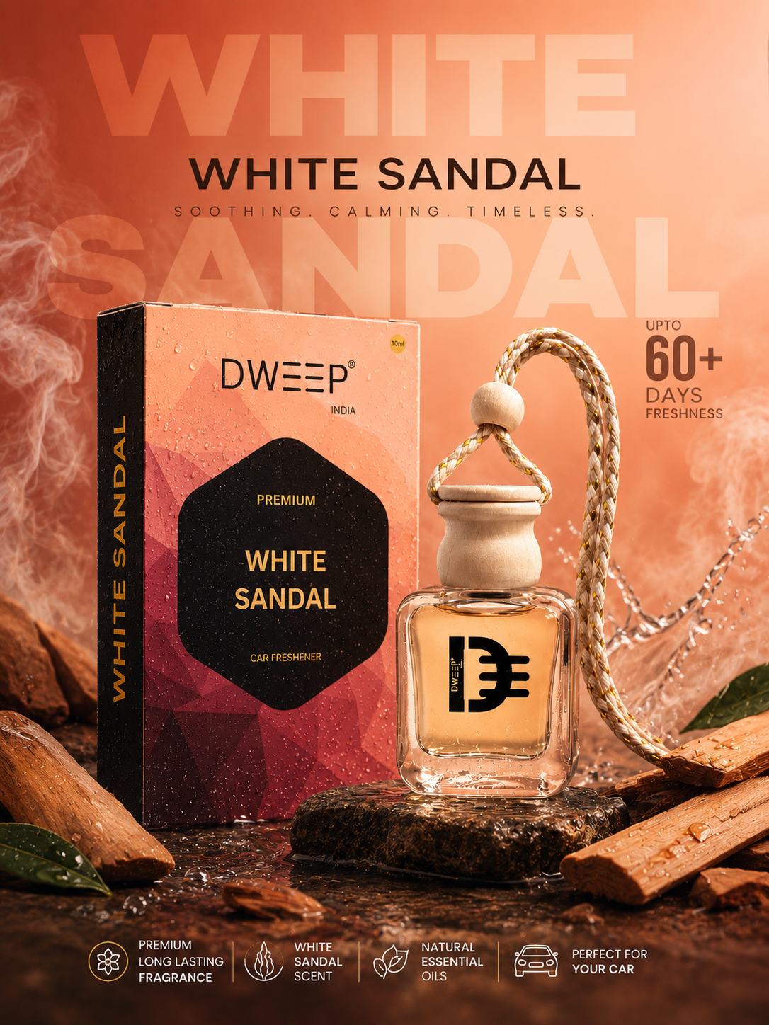 Dweep India Premium Series Car Perfume- White Sandal | 0% Alcohol | Long-Lasting | Aroma Essential Oils in Glass Bottle with Wooden Diffuser Lid