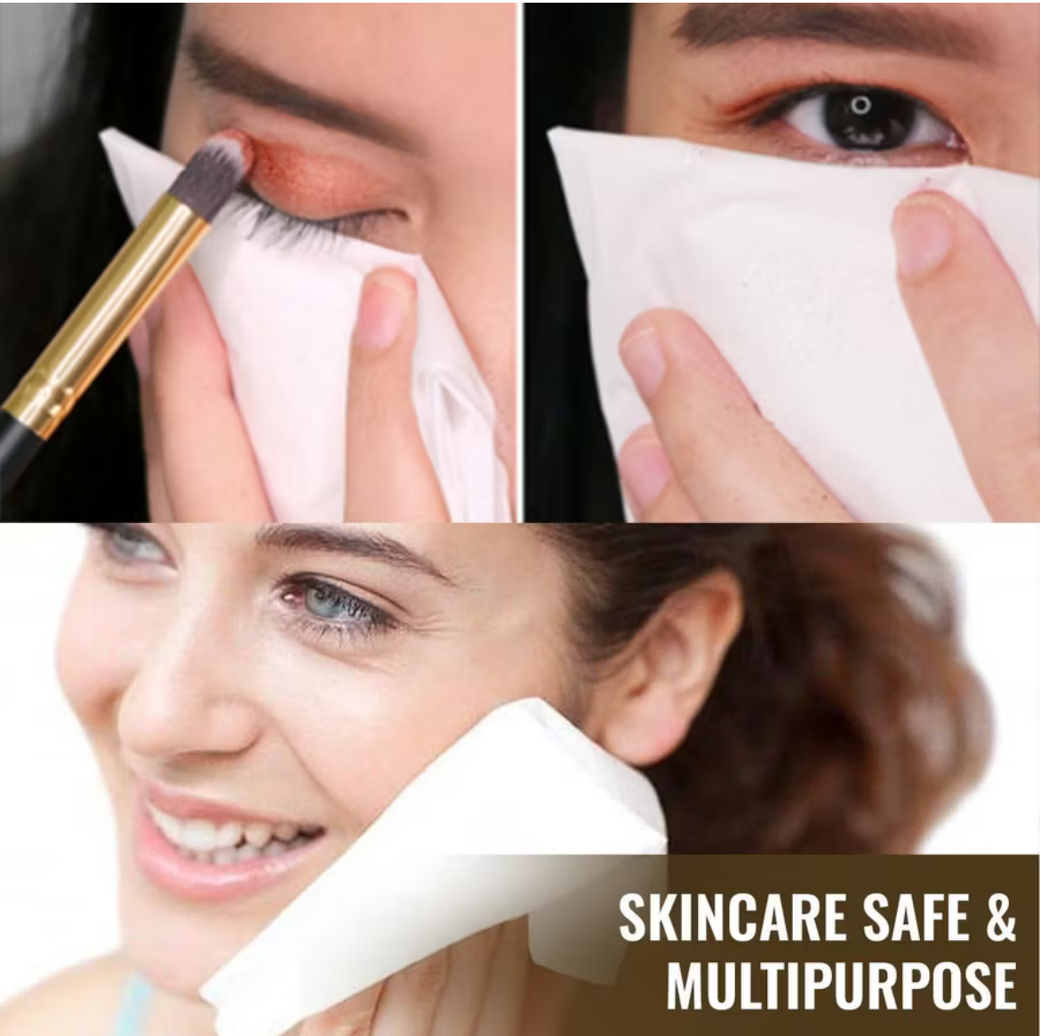 Collage of a person using a white cloth to clean their eye area, with text 'SKINCARE SAFE & MULTIPURPOSE'.