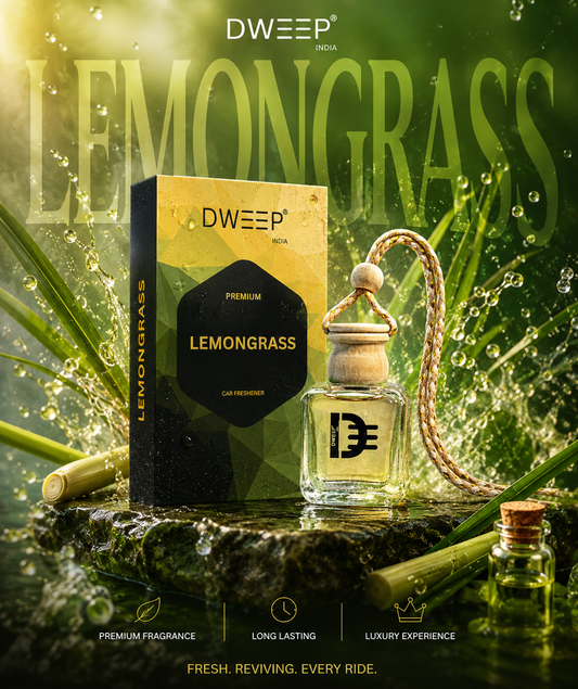 Dweep India Premium Series Car Perfume- Lemongrass | 0% Alcohol | Long-Lasting | Aroma Essential Oils in Glass Bottle with Wooden Diffuser Lid