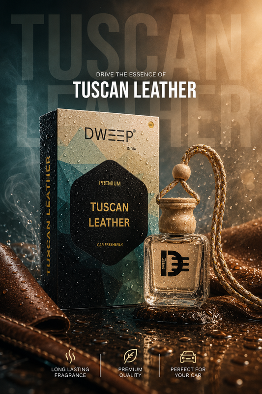 Dweep India Premium Series Car Perfume- Tuscan Leather | 0% Alcohol | Long-Lasting | Aroma Essential Oils in Glass Bottle with Wooden Diffuser Lid
