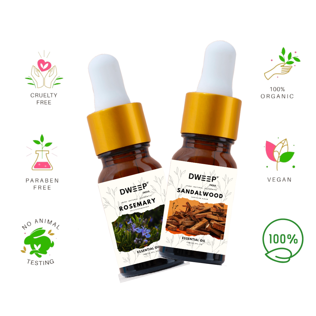 Dweep India Rosemary & Sandalwood Essential Oil, 100% Pure, Natural &amp; Undiluted for Hair Growth &amp; Moisturising Skin 15 ml x 2 (30ml)