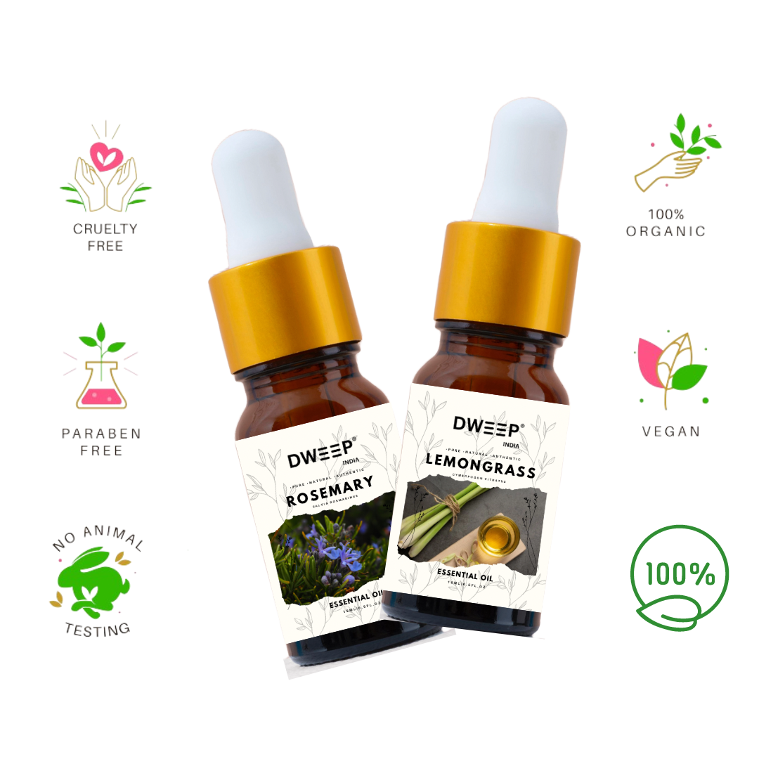 Dweep India Rosemary & Lemongrass Essential Oil for Diffuser, Skin &amp; Hair - 100% Pure for Relaxation &amp; Nourishment &amp; DIY - 15ml x2 (30ml)