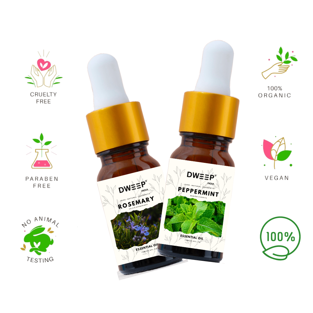 Dweep India Rosemary & Peppermint Essential Oil, 100% Pure, Natural &amp; Undiluted for Hair Growth &amp; Moisturising Skin 15 ml x 2 (30ml)