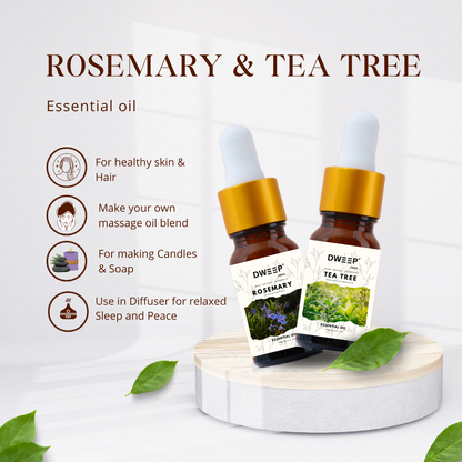 Dweep India Rosemary & Tea tree Essential Oil, 100% Pure, Natural &amp; Undiluted for Hair Growth &amp; Moisturising Skin 15 ml x 2 (30ml)