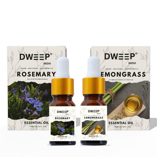 Dweep India Rosemary & Lemongrass Essential Oil for Diffuser, Skin &amp; Hair - 100% Pure for Relaxation &amp; Nourishment &amp; DIY - 15ml x2 (30ml)