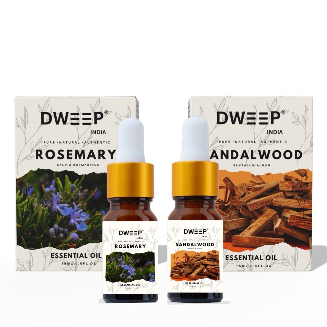 Dweep India Rosemary & Sandalwood Essential Oil, 100% Pure, Natural &amp; Undiluted for Hair Growth &amp; Moisturising Skin 15 ml x 2 (30ml)
