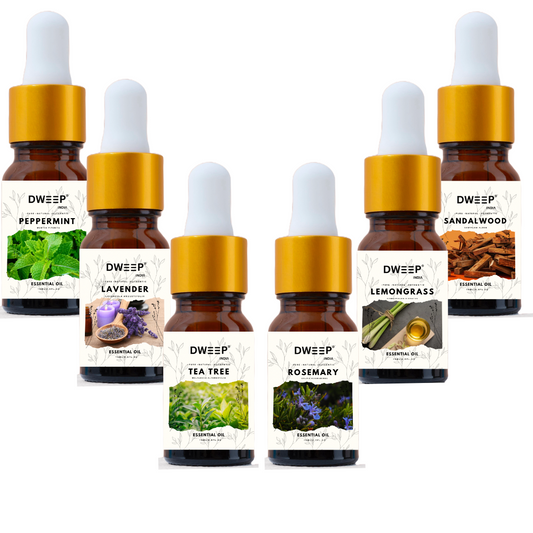 Dweep India Rosemary, Lavender, Sandalwood, Tea Tree, Lemongrass &amp; Peppermint Essential Oil, 100% Pure, Natural &amp; Undiluted for Hair Growth &amp; Moisturising Skin 15 ml x 6 (90ml)