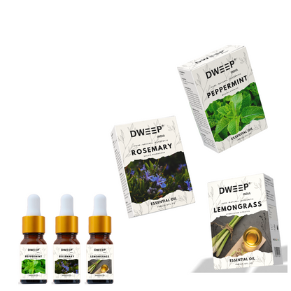 Dweep India Rosemary, Lemongrass &amp; Peppermint Essential Oil, 100% Pure, Natural &amp; Undiluted for Hair Growth &amp; Moisturising Skin 15 ml x 3 (45ml)