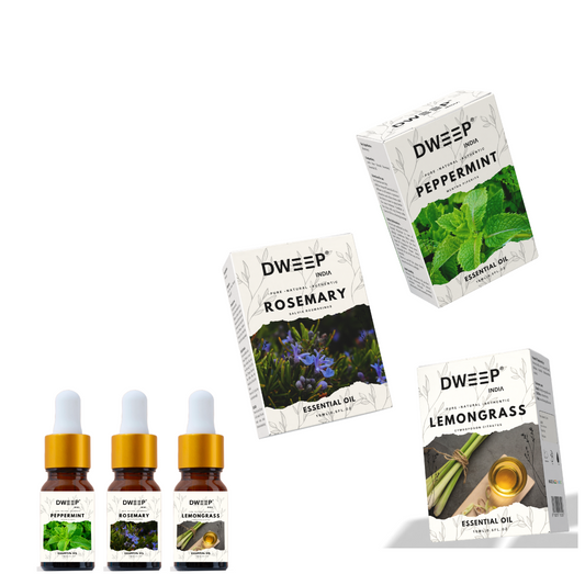 Dweep India Rosemary, Lemongrass &amp; Peppermint Essential Oil, 100% Pure, Natural &amp; Undiluted for Hair Growth &amp; Moisturising Skin 15 ml x 3 (45ml)